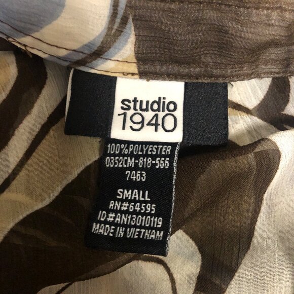 Studio 1940 Top Womens Size Small Brown Blue Sheer Short Sleeve Belted Blouse - Picture 6 of 7